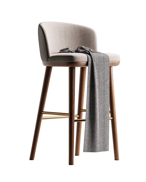 CALORA bar chair with curved upholstered seat, wooden base, and golden metal footrest by INSIDE HOME.