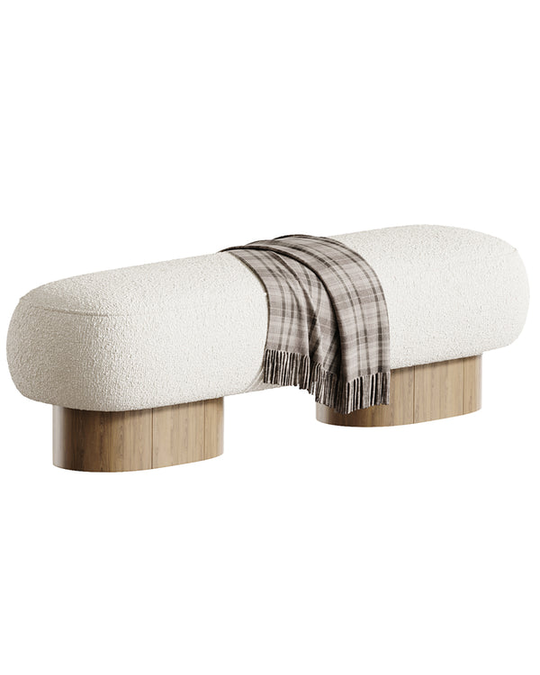 COLONNA banquette with cylindrical wooden base and upholstered neutral fabric seat by INSIDE HOME.