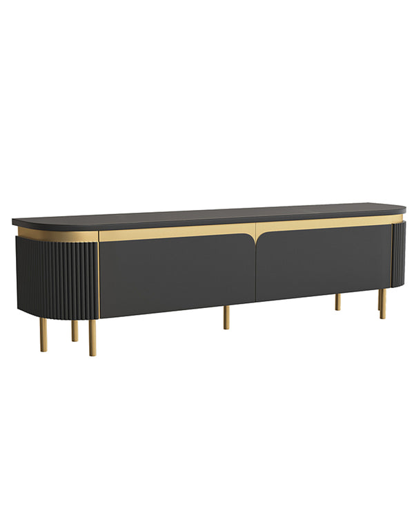 Luxury black and gold TV unit with fluted sides and metallic base – INSIDE HOME
