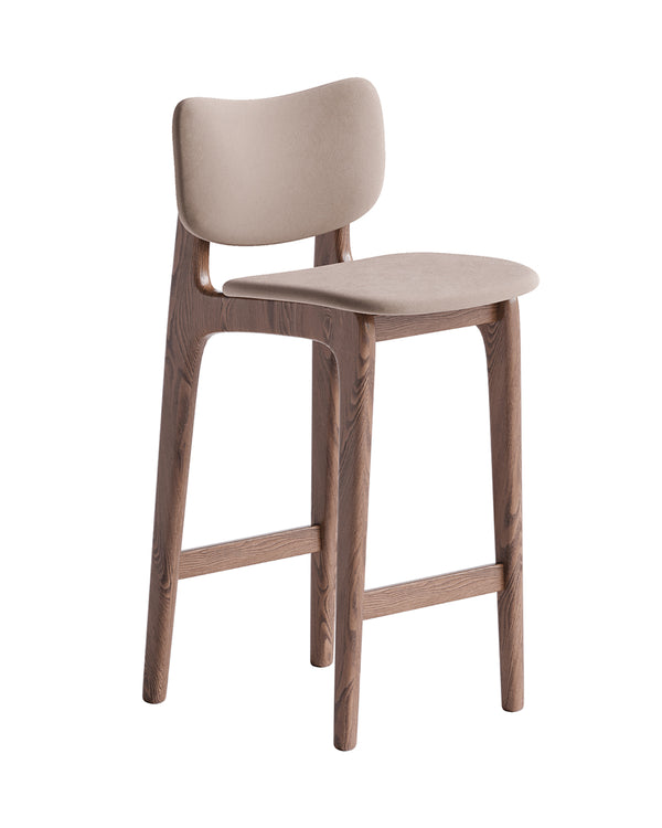 MIRVA bar chair with natural wooden frame, beige upholstered seat, and curved backrest by INSIDE HOME.