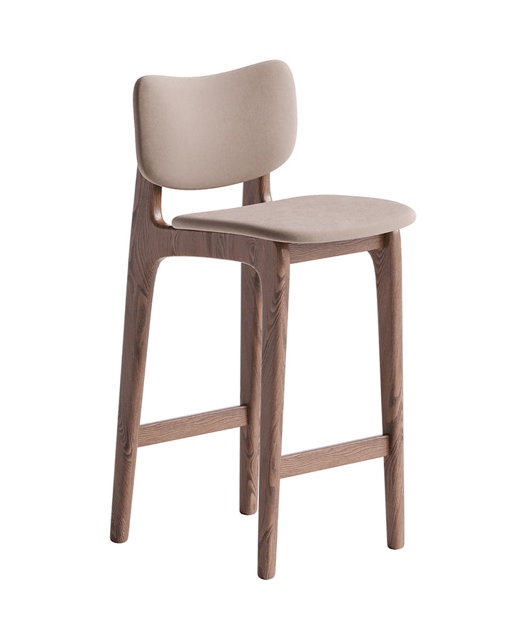 MIRVA bar chair with natural wooden frame, beige upholstered seat, and curved backrest by INSIDE HOME.