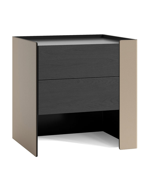Modern dark wood nightstand with beige leather side panels – ORENZA by INSIDE HOME