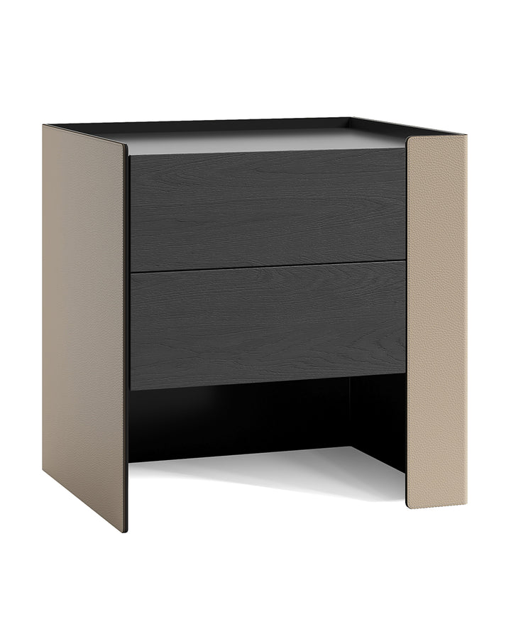 Modern dark wood nightstand with beige leather side panels – ORENZA by INSIDE HOME