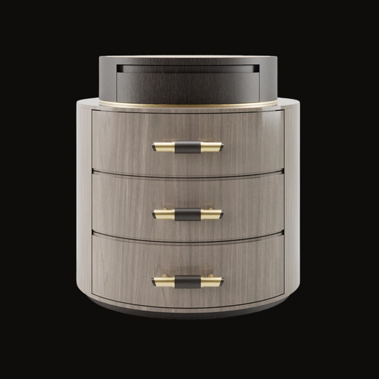 Luxury round night table with three drawers, featuring gold and black accents - perfect for modern and classic bedrooms