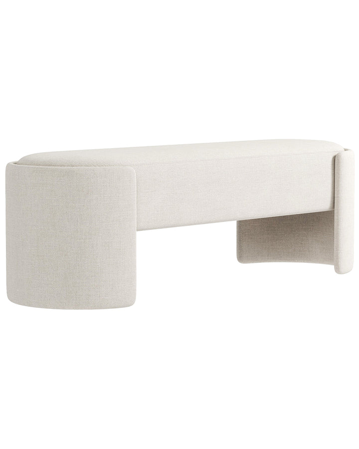 ARCENA banquette in premium neutral fabric with sculptural curved side panels by INSIDE HOME.
