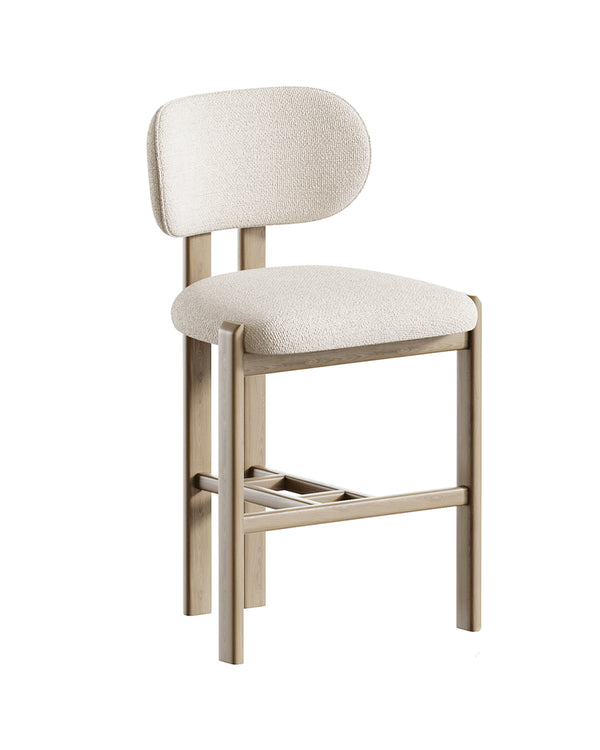 TAVINA bar chair with oval upholstered backrest, natural wooden frame, and soft beige fabric by INSIDE HOME.