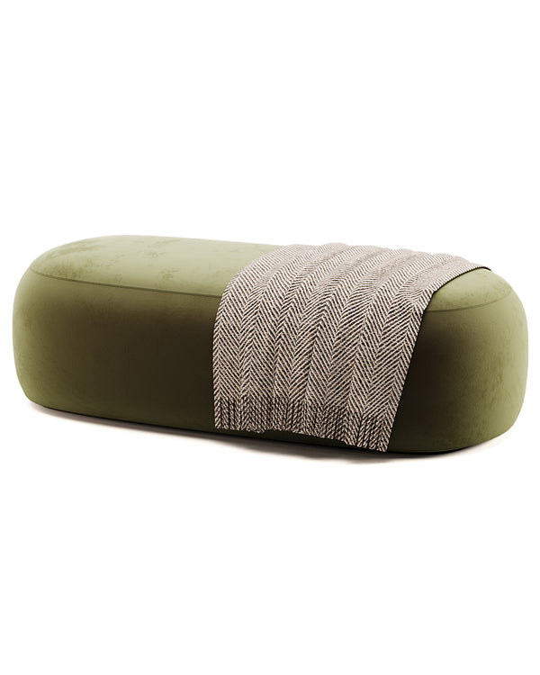 ROTUNDA banquette in premium neutral fabric with soft capsule-shaped silhouette by INSIDE HOME.