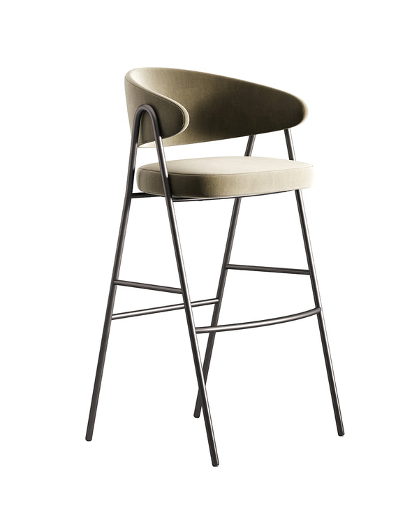 TORVIA bar chair with curved metal frame, olive upholstered seat and backrest, modern luxury design by INSIDE HOME.