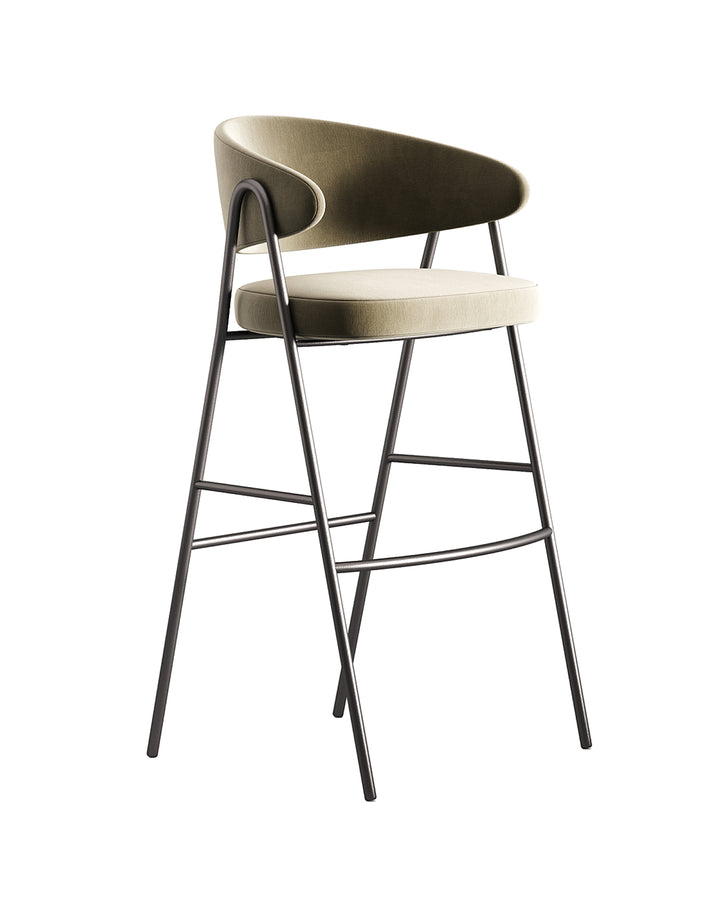 TORVIA bar chair with curved metal frame, olive upholstered seat and backrest, modern luxury design by INSIDE HOME.