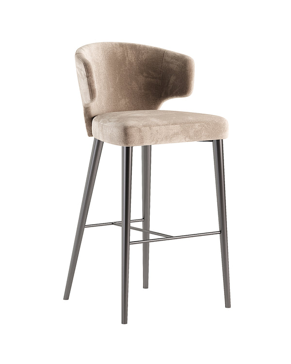 ARVANA bar chair with semi-circular backrest, beige velvet upholstery, and slim metal frame by INSIDE HOME.