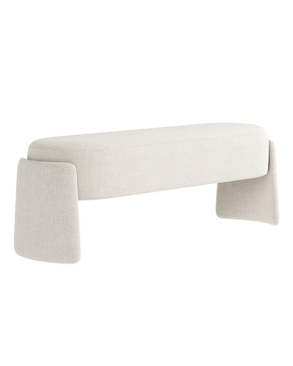 OVANTA banquette in soft neutral fabric with bold sculptural base and modern minimalist design by INSIDE HOME.