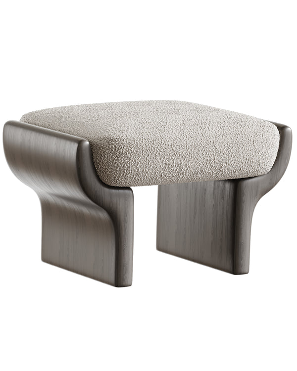 Sculptural buff with carved wooden base and soft textured seat.