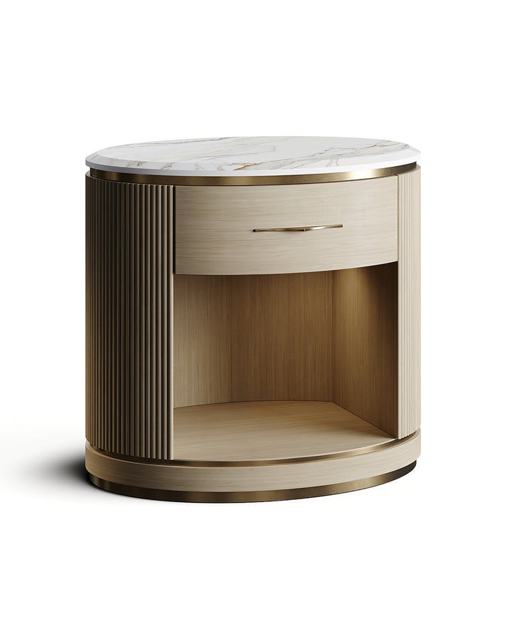 Round wooden nightstand with marble top and golden trim – SORENZA by INSIDE HOME