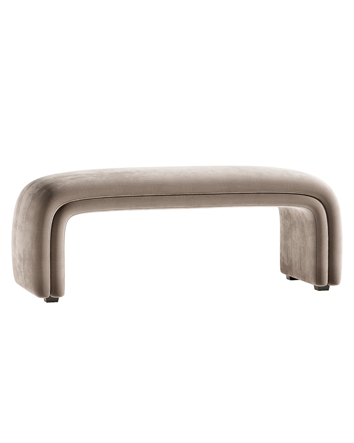 OVELIA banquette in soft beige velvet fabric with elegant curved sculptural design by INSIDE HOME.