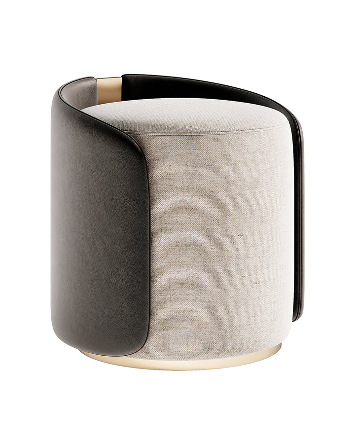 Round buff with curved leather backrest and metallic base.