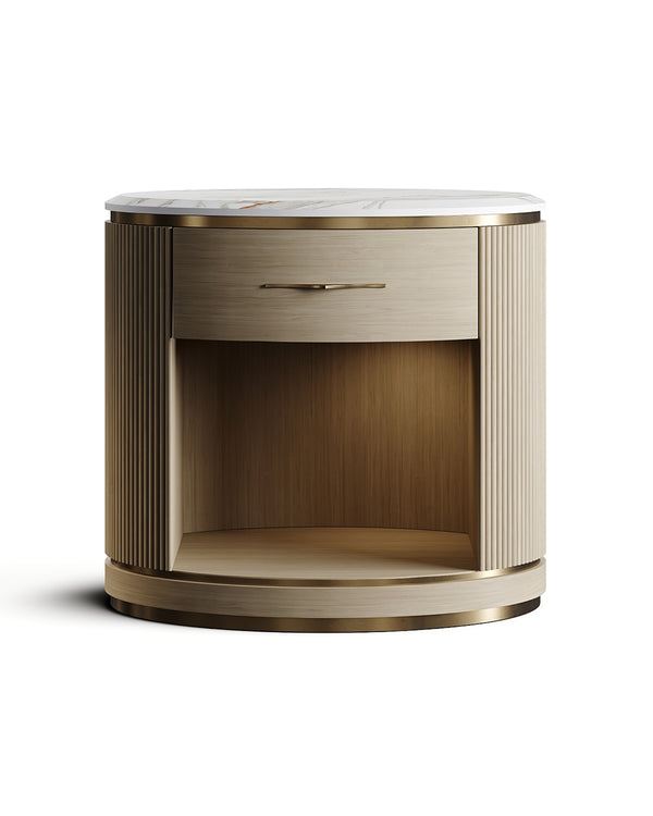 Round wooden nightstand with marble top and golden trim – SORENZA by INSIDE HOME