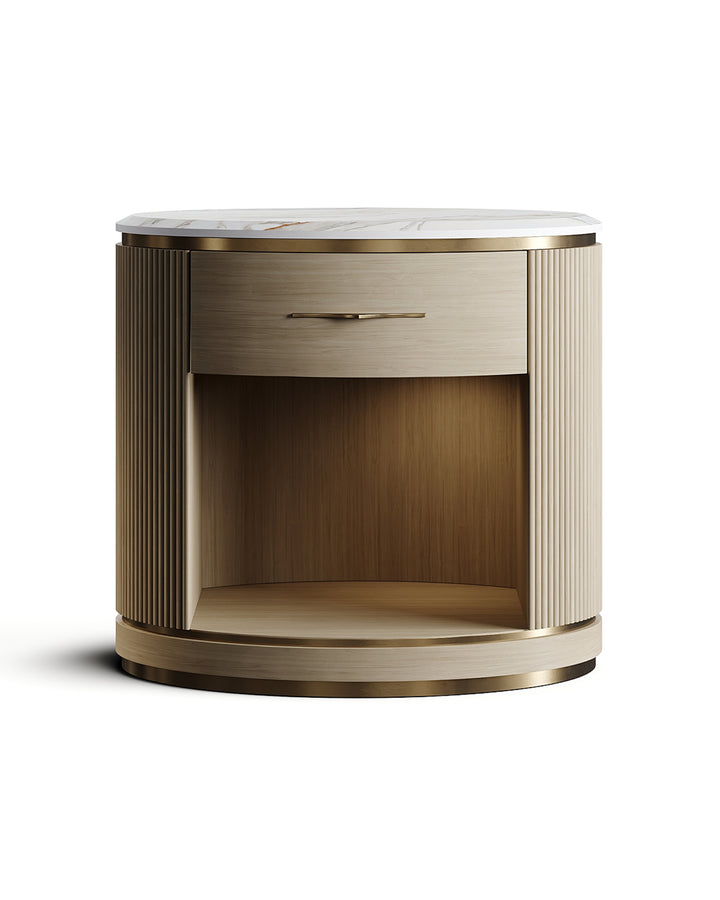 Round wooden nightstand with marble top and golden trim – SORENZA by INSIDE HOME