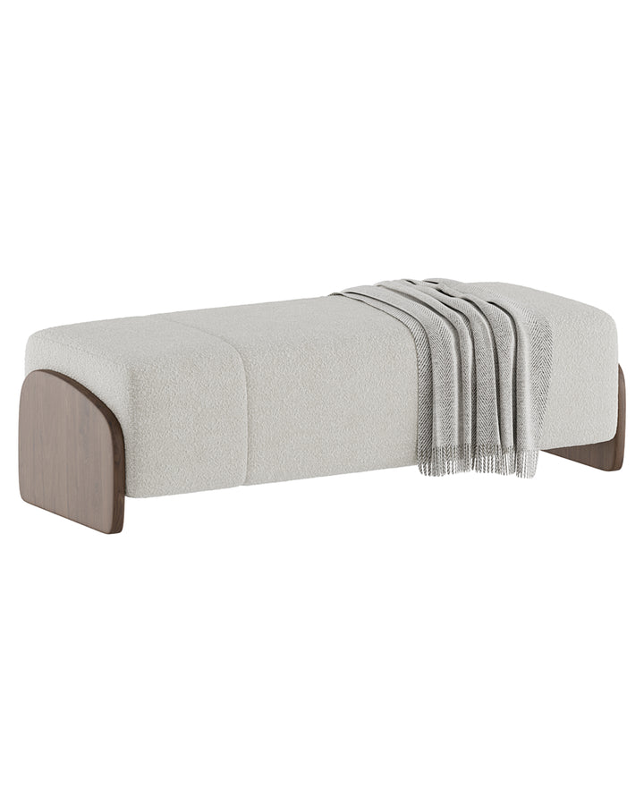 SOLENZA banquette in premium neutral fabric with sculpted wooden side panels by INSIDE HOME.