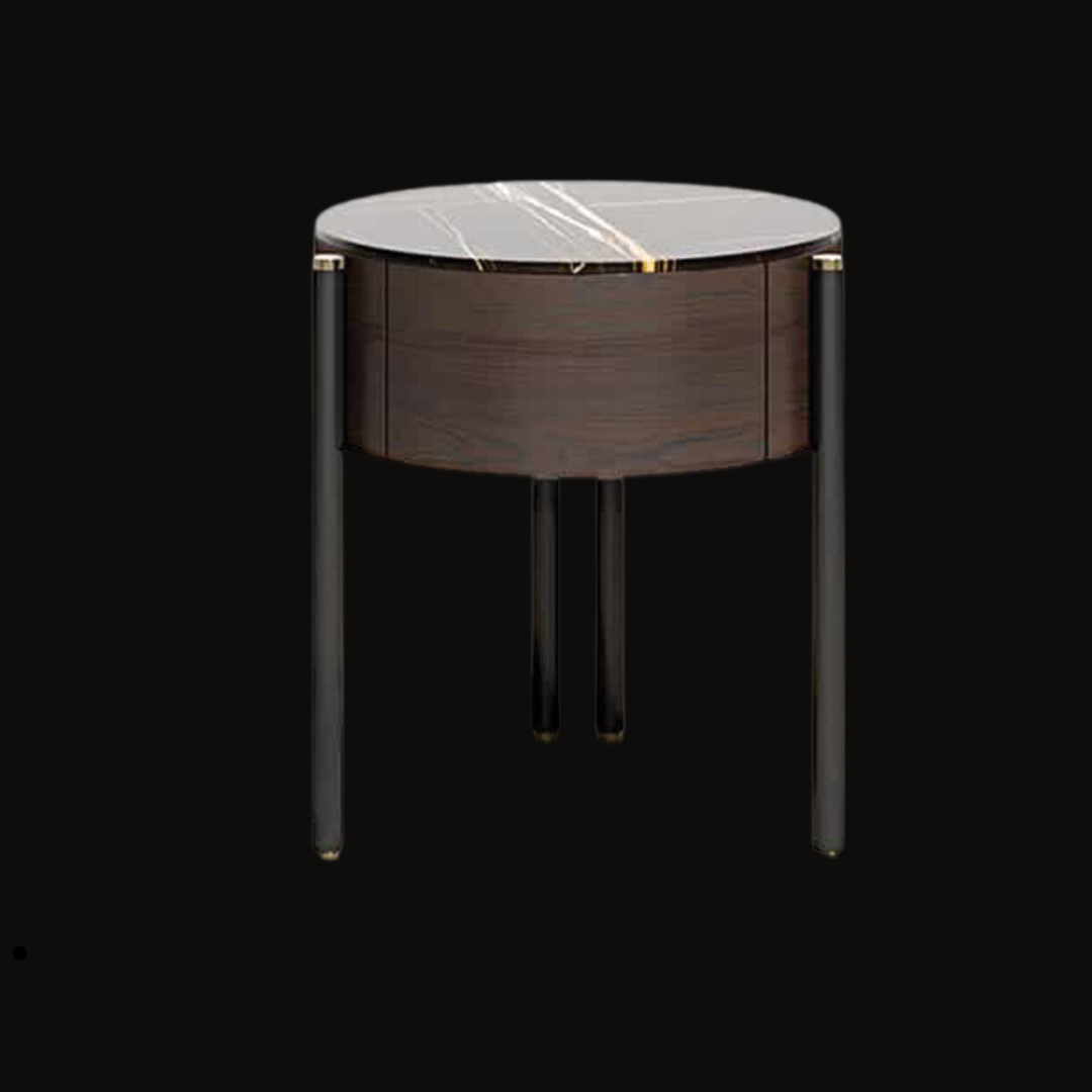 Round Marble Top Night Table with Sleek Wood Finish - Handcrafted Modern Side Table