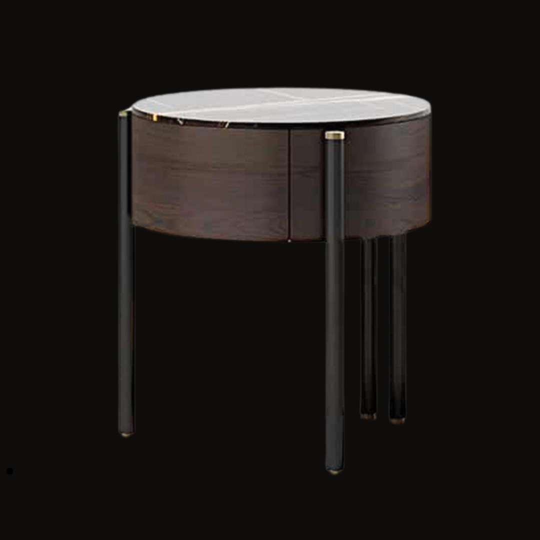 Round Marble Top Night Table with Sleek Wood Finish - Handcrafted Modern Side Table