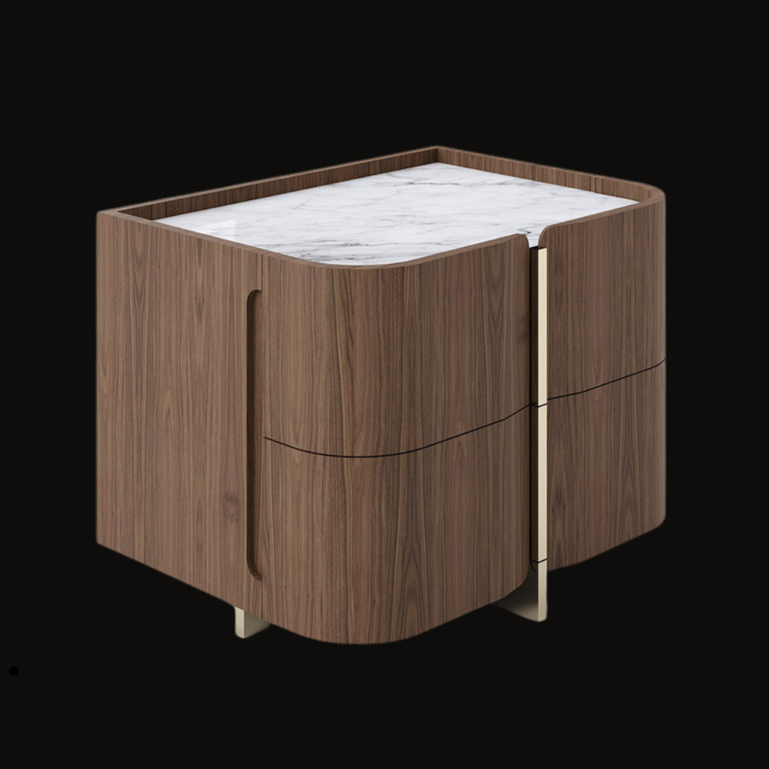 Contemporary Two-Drawer Night Table with Walnut Wood Finish and Gold Accent - Handcrafted Bedside Table