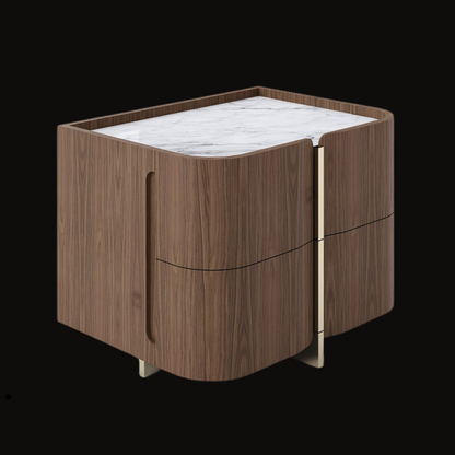 Contemporary Two-Drawer Night Table with Walnut Wood Finish and Gold Accent - Handcrafted Bedside Table