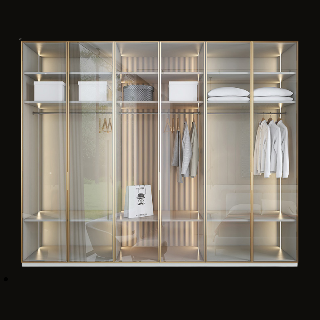 Luxury Glass Wardrobe with Gold Frame and LED Lighting - Handcrafted Modern Closet