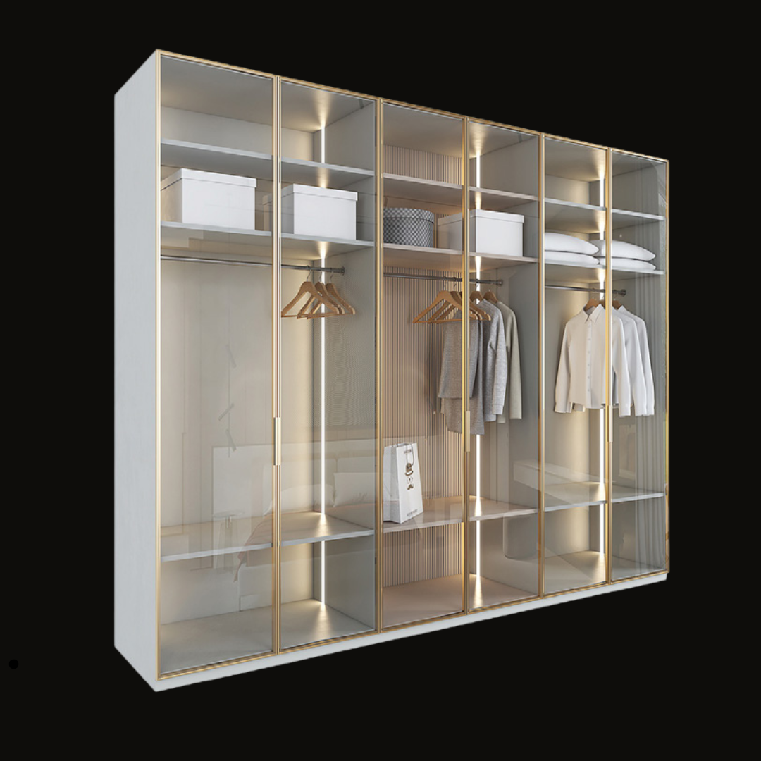 Luxury Glass Wardrobe with Gold Frame and LED Lighting - Handcrafted Modern Closet