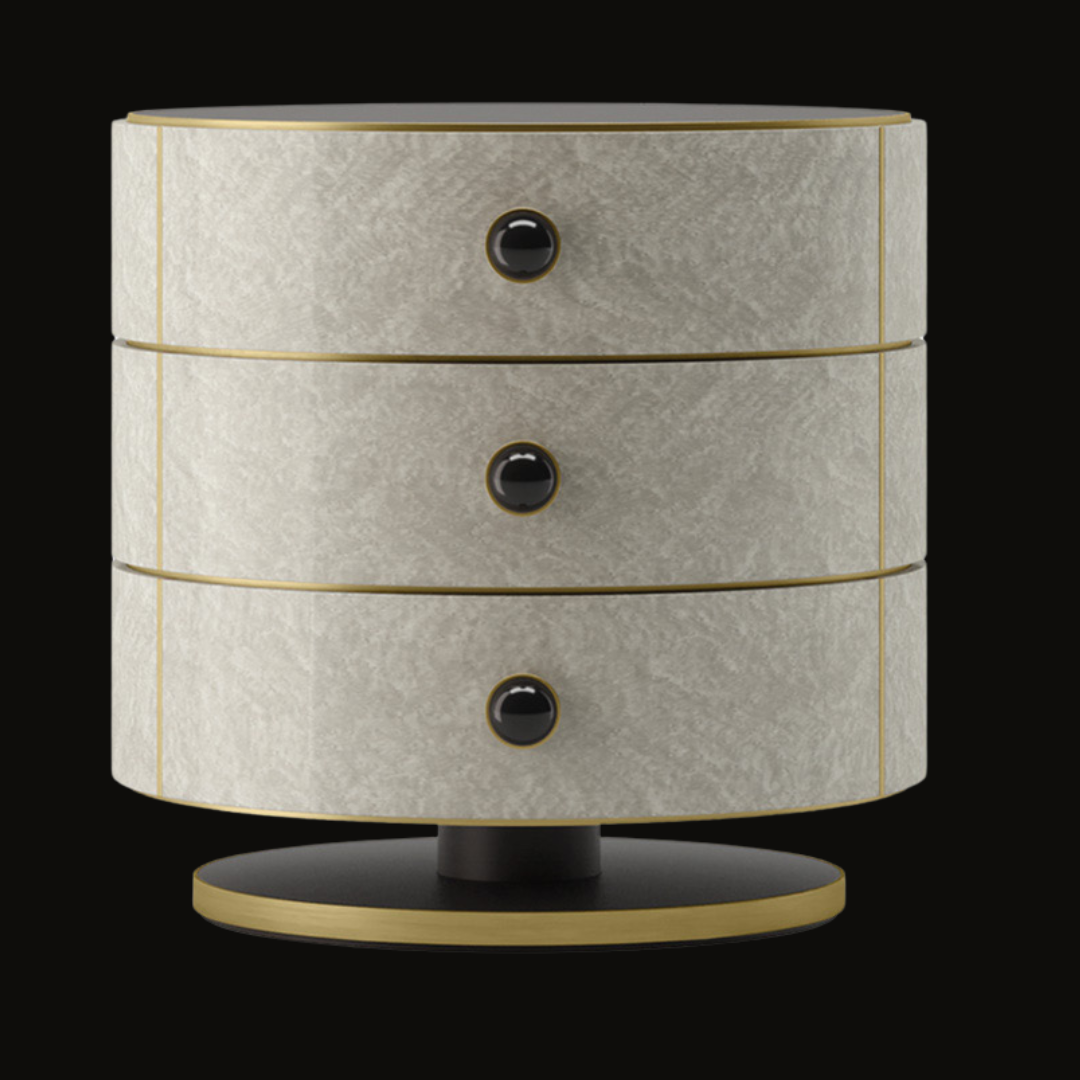 Luxury Round Night Table with Gold Accents - Handcrafted Bedside Storage