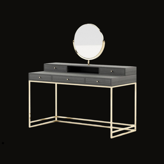 Modern Black Dresser with Circular Mirror and Gold Accents - Handcrafted Luxury Vanity Table