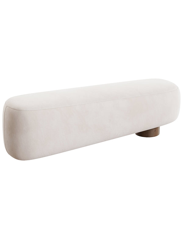 AVIORA luxury upholstered bench in neutral fabric with sculptural minimalist design and wooden base by INSIDE HOME.