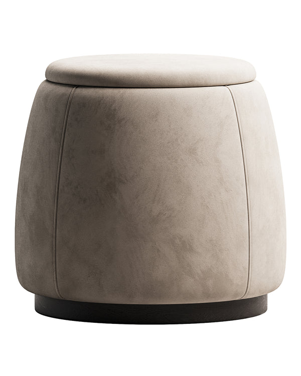 Rounded buff with smooth upholstery and solid contrasting base.