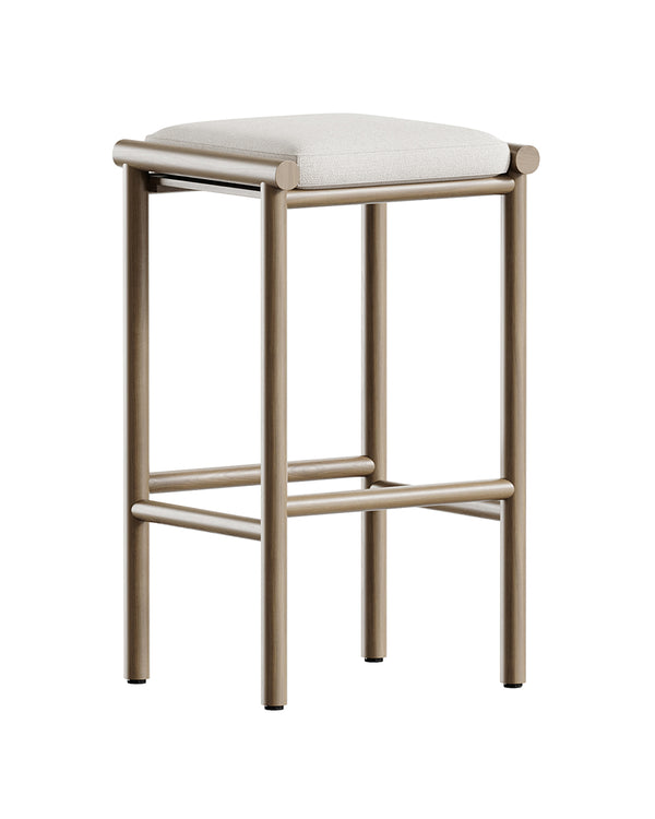 Minimal modern bar stool with metallic frame and soft upholstered seat in beige fabric by INSIDE HOME.