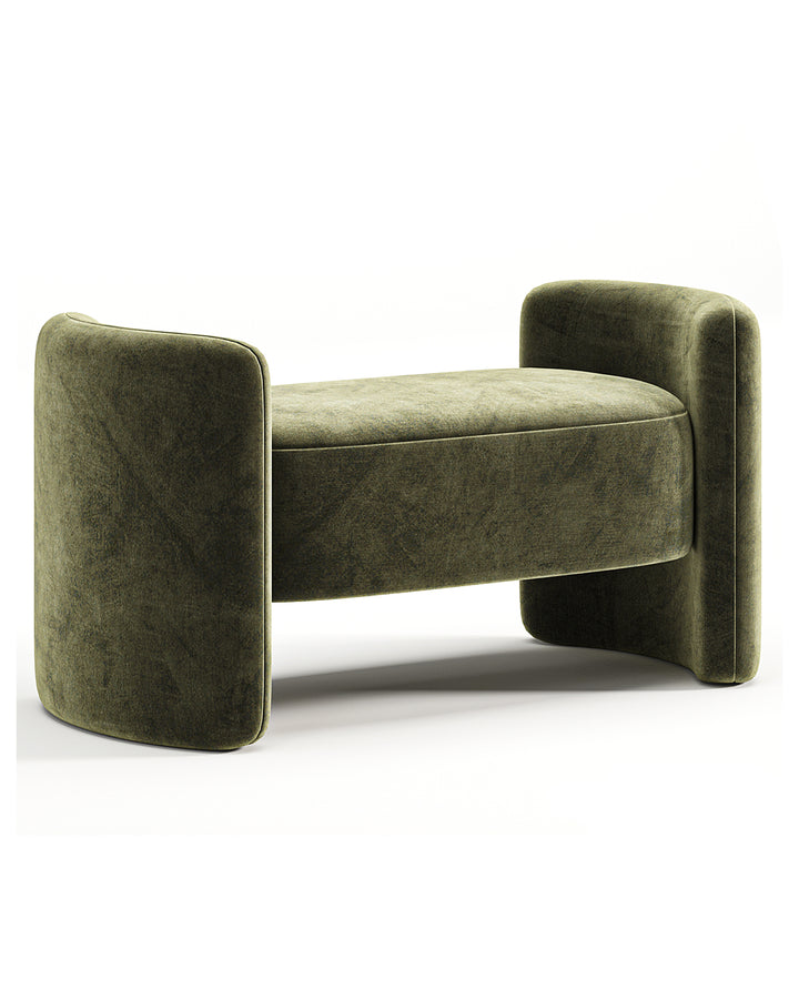 Luxury upholstered banquette in deep green velvet with curved edges and modern design – BELLARIA Banquette by INSIDE HOME.