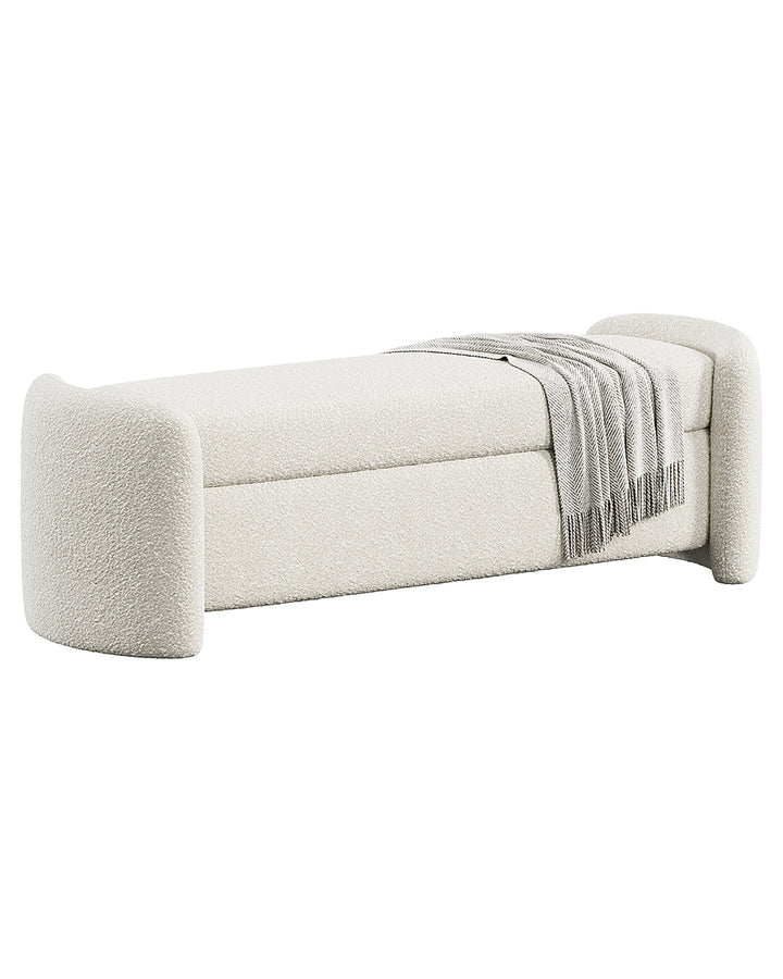 Elegant ASTORIA banquette in velvet finish with rounded edges and modern minimalist design, perfect for luxury interiors.