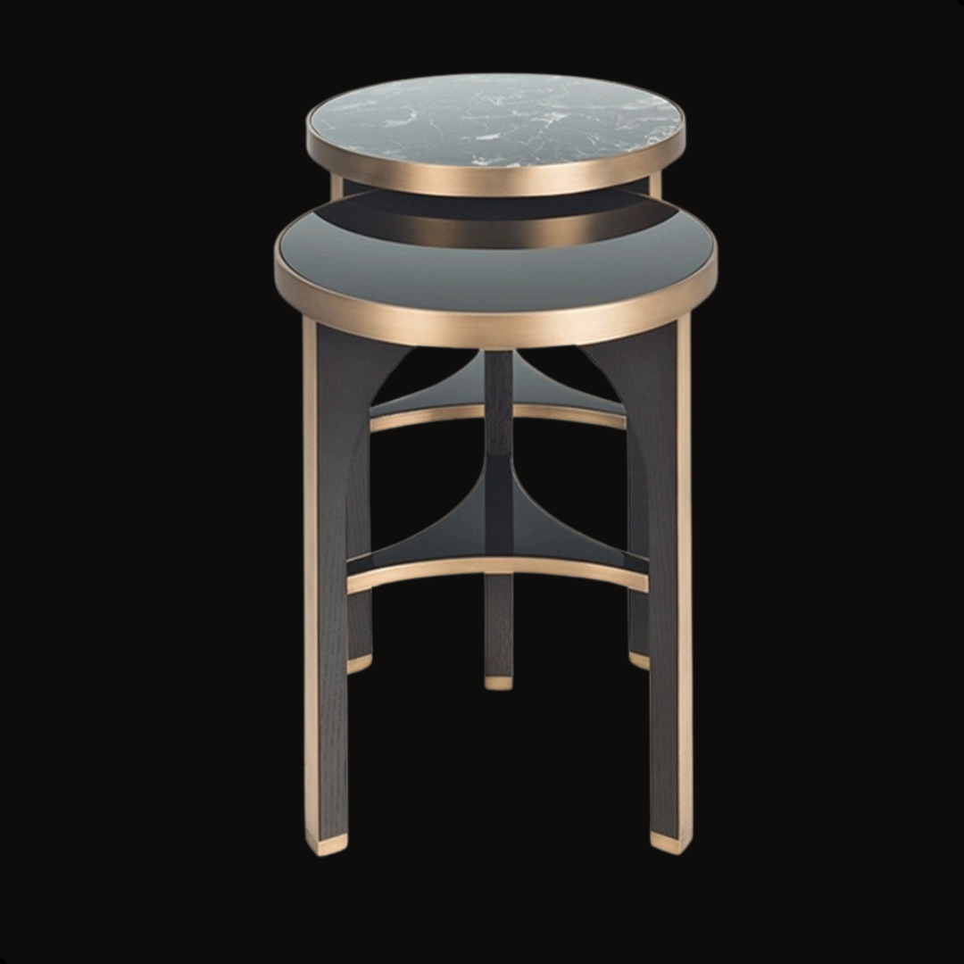 Luxury Nesting Tables with Marble & Black Glass Tops – Brushed Gold Details