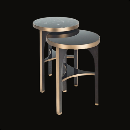 Luxury Nesting Tables with Marble & Black Glass Tops – Brushed Gold Details