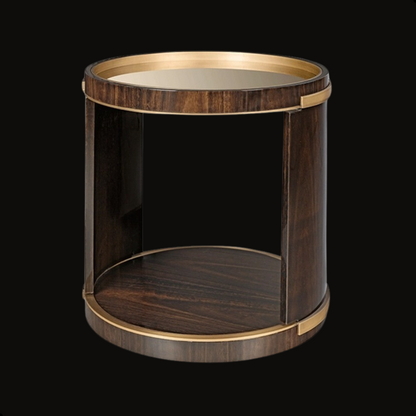 Round Wood Veneer Side Table with Stainless Steel Accents – Inside Home Studio