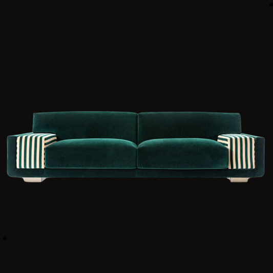 Luxurious Emerald Green Velvet Sofa with Striped Armrest Detailing