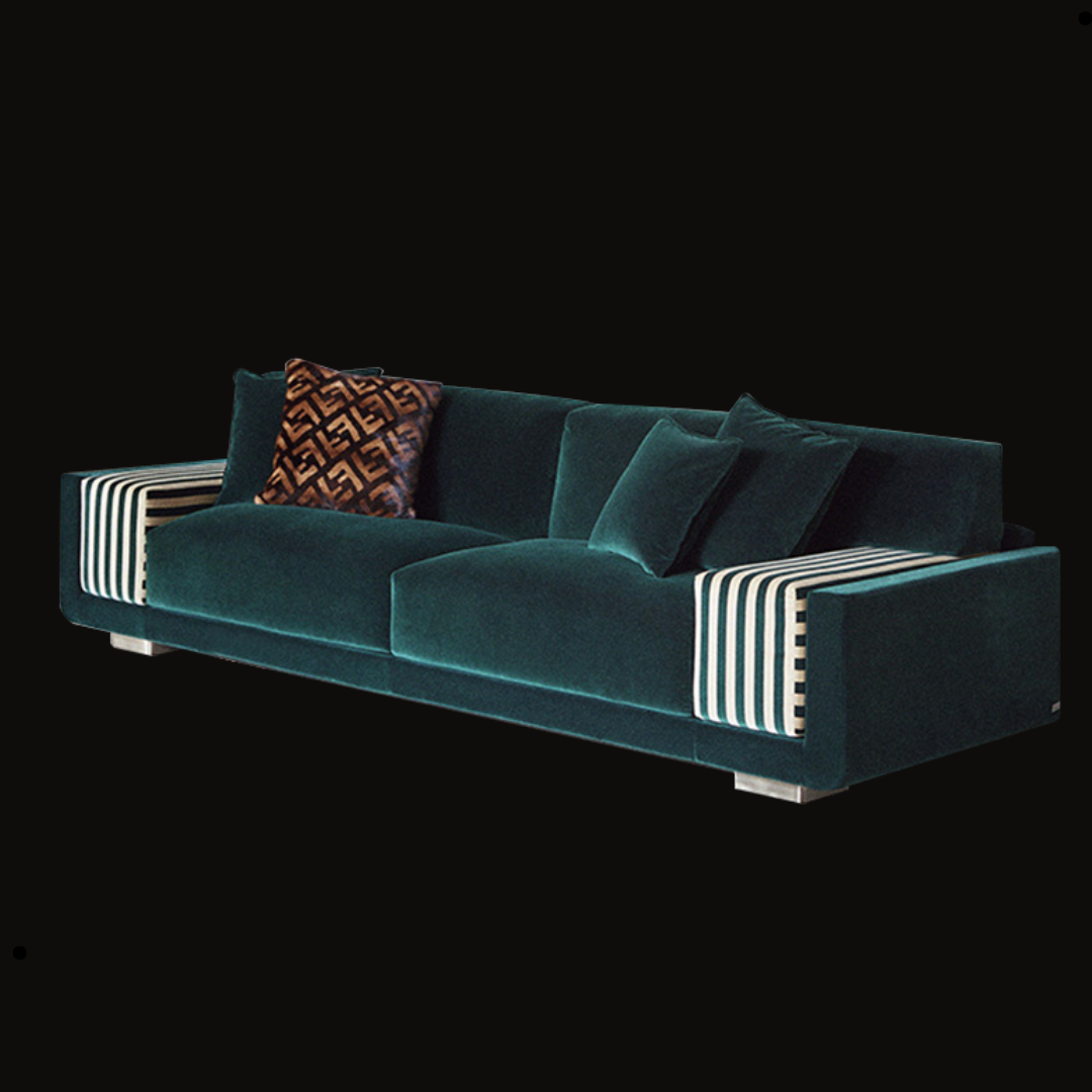 Luxurious Emerald Green Velvet Sofa with Striped Armrest Detailing