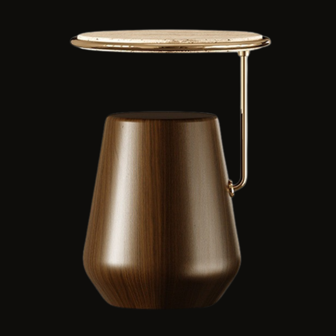 Matte Walnut Wood, Travertino Marble, and Polished Brass Side Table