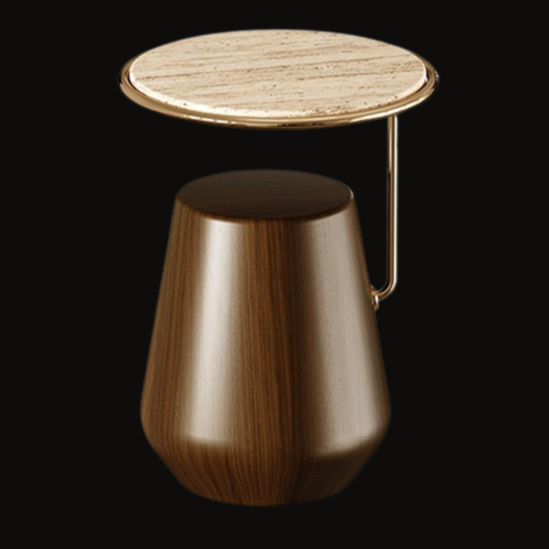 Matte Walnut Wood, Travertino Marble, and Polished Brass Side Table