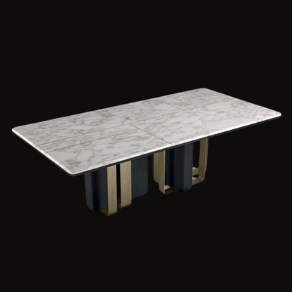 Wooden Dining Table with Marble Top and Stainless Steel Accents