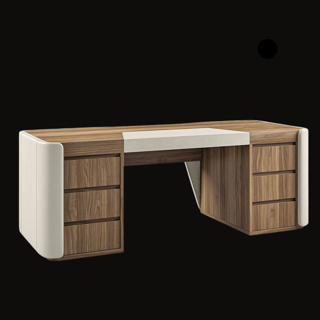 Modern Executive Office Desk – Wood and Upholstered Panel Design