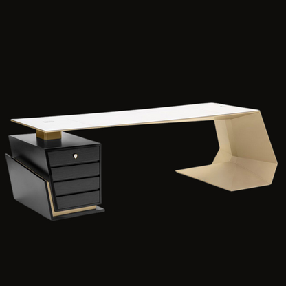 Modern Luxury Office Desk – White Surface with Gold and Black Accents