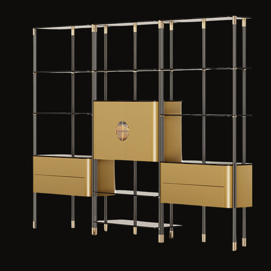 Modern Shelving Unit with Gold Storage Cabinets