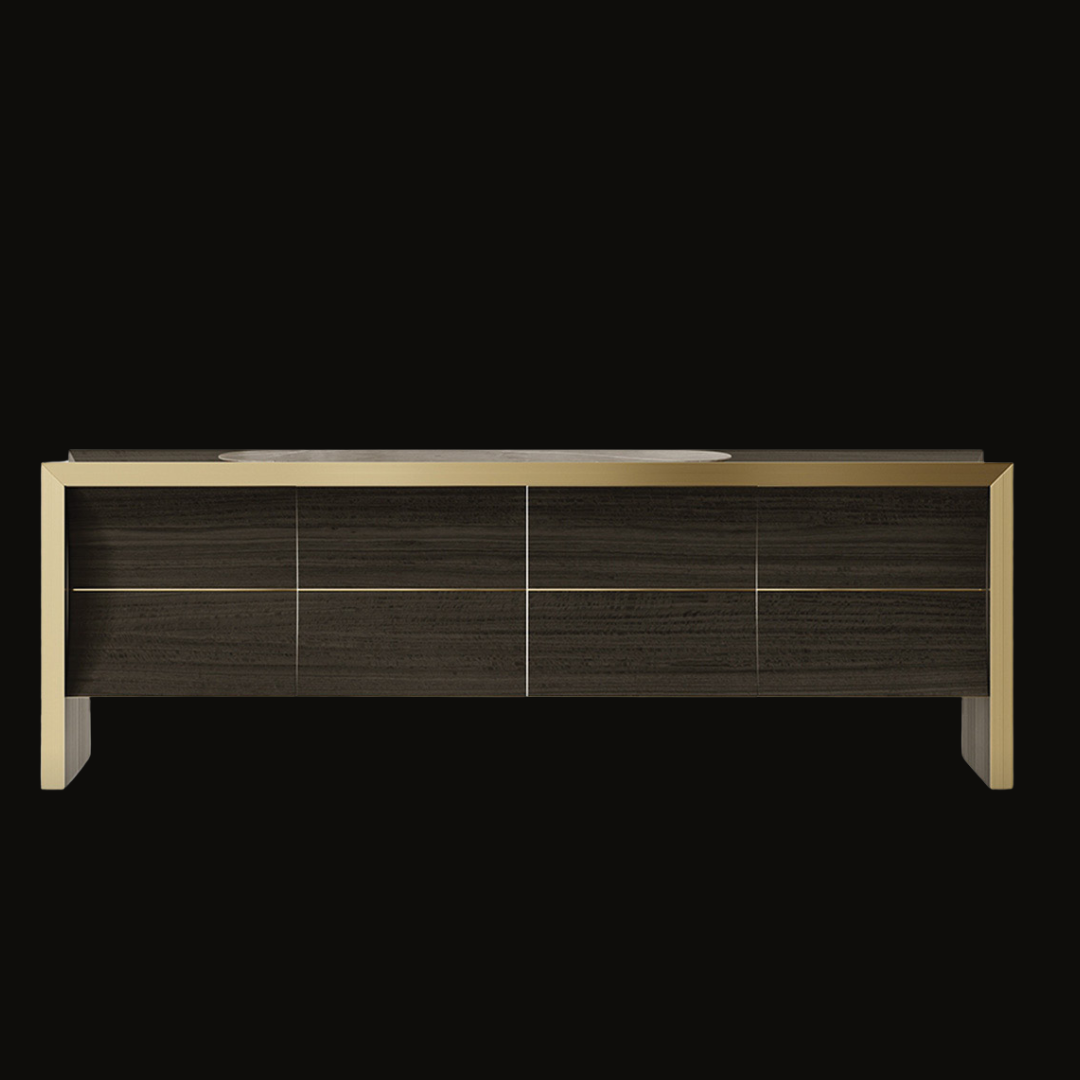 Contemporary Dark Wood Sideboard with Bold Gold Frame – Sleek Luxury