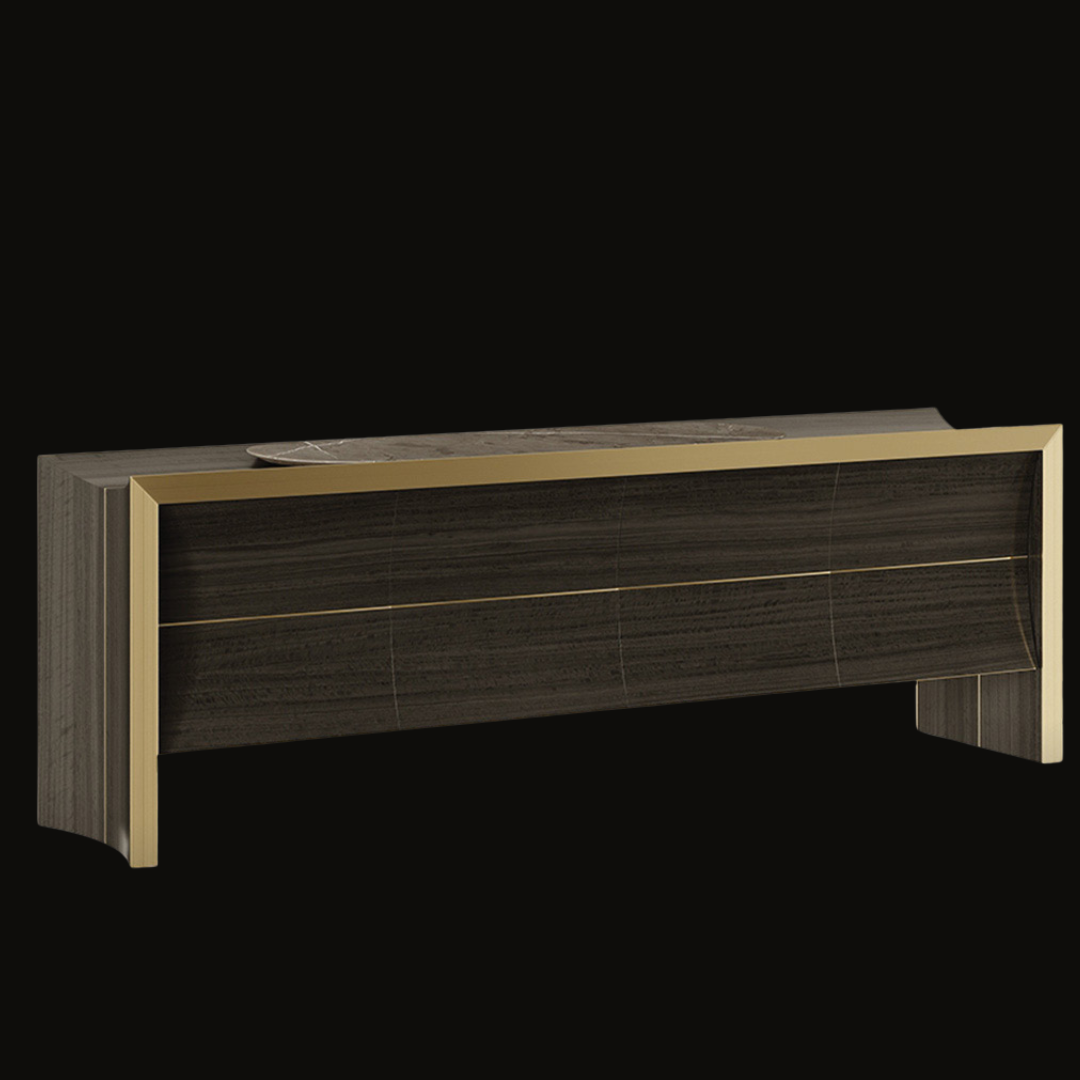 Contemporary Dark Wood Sideboard with Bold Gold Frame – Sleek Luxury