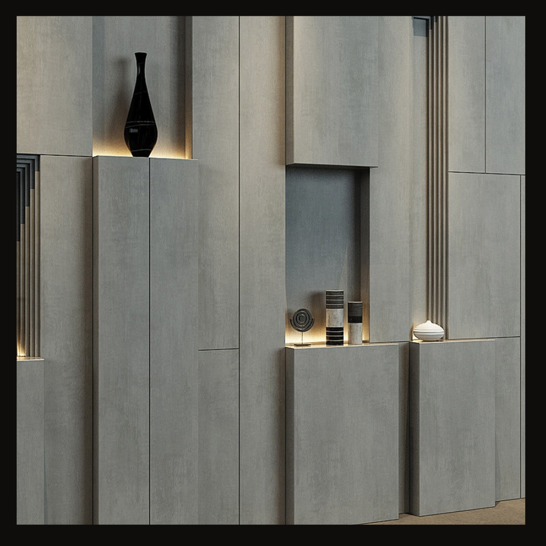 Modern Concrete-Inspired Wall Cladding with Integrated Shelves & LED Accents – WC-022