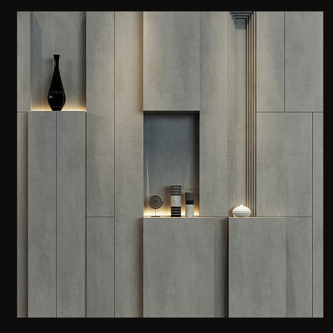 Modern Concrete-Inspired Wall Cladding with Integrated Shelves & LED Accents – WC-022